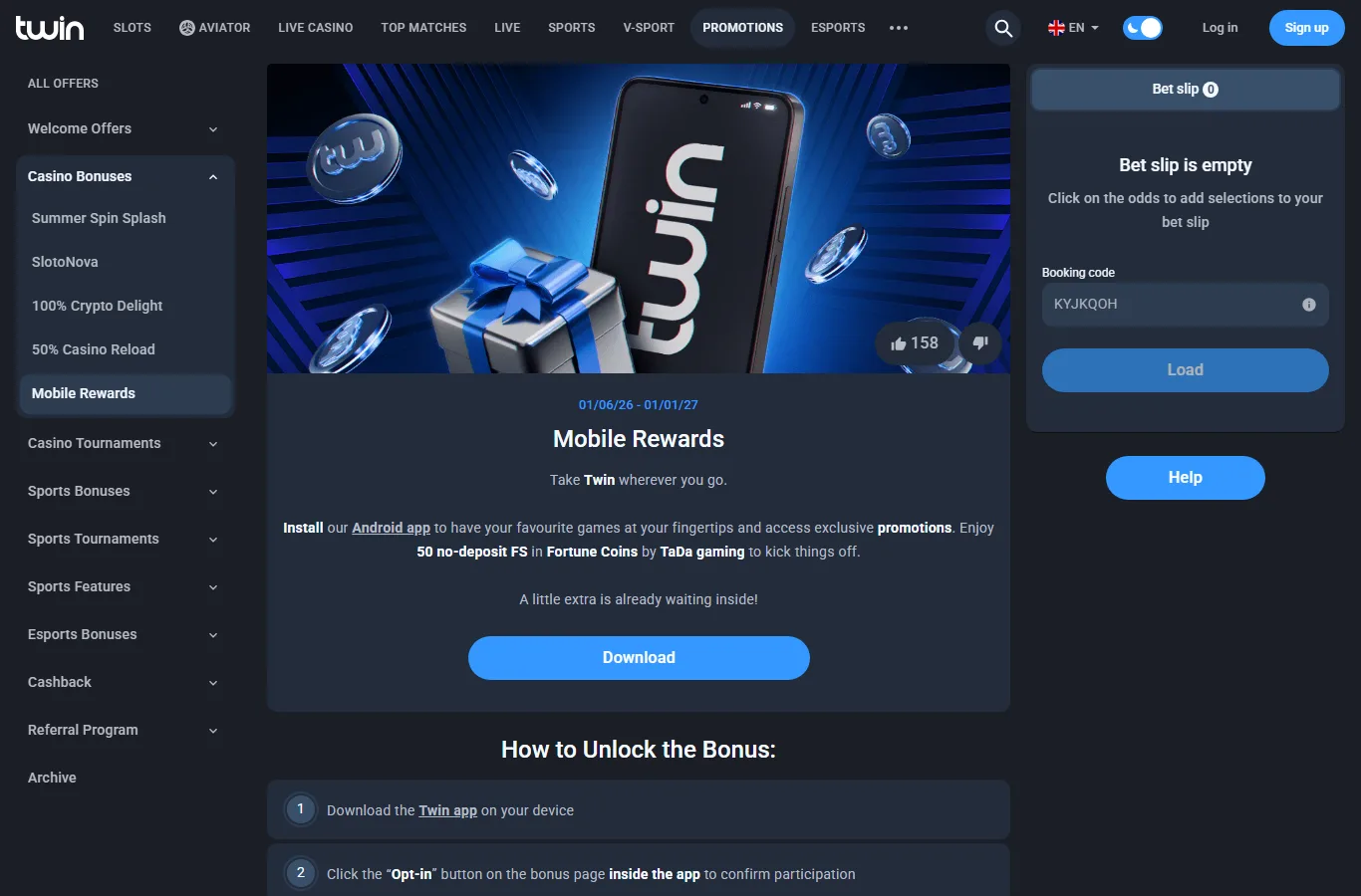 Android app bonus page at Twin Casino