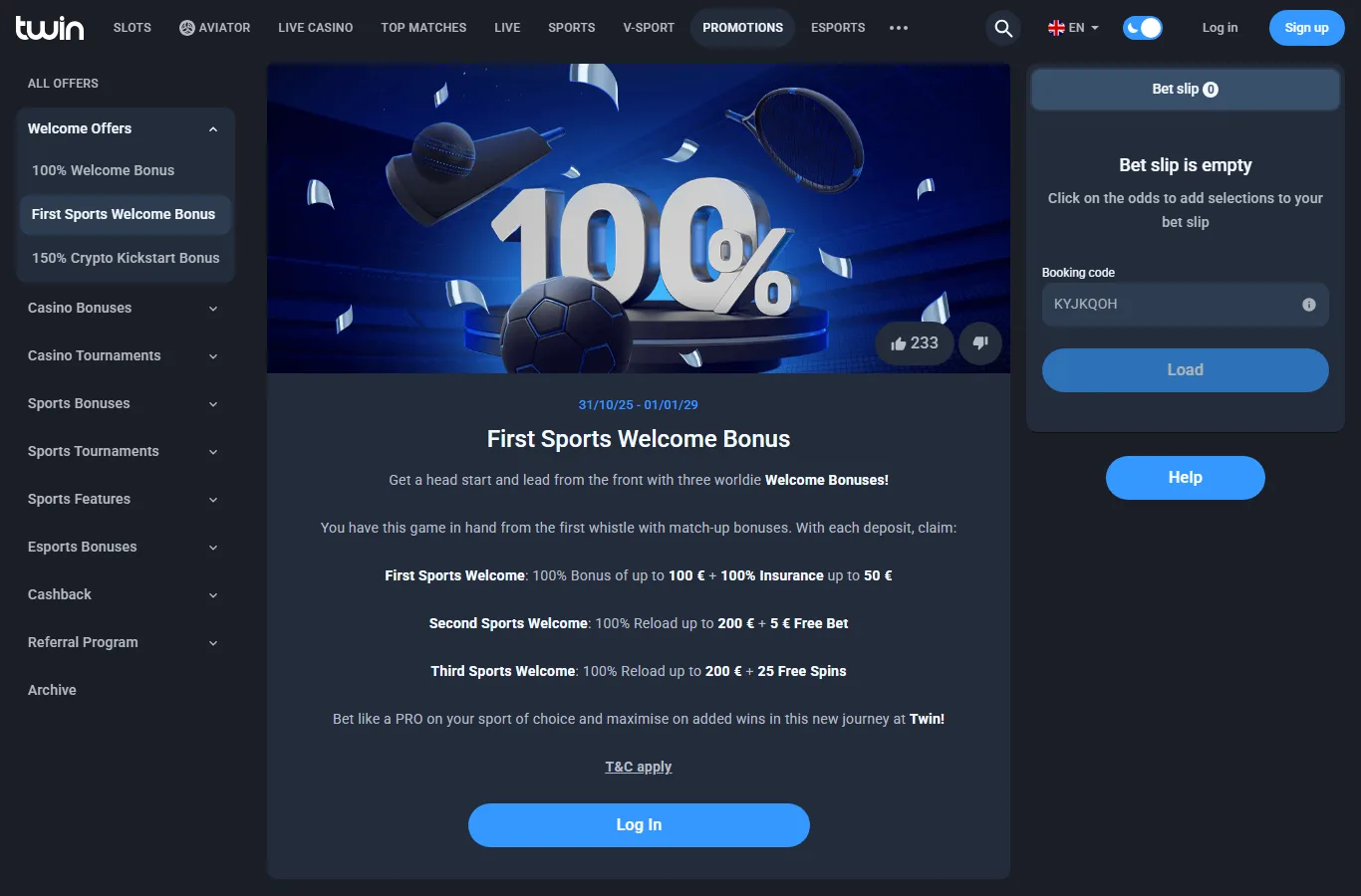 Twin Casino bonus code screen