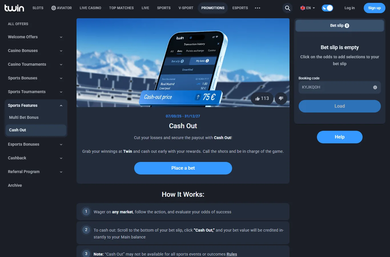 Twin sportsbook cash out screen
