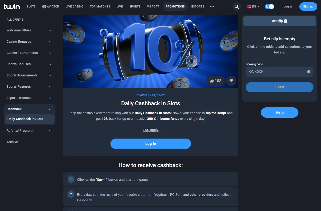 Cashback offer page at Twin Casino