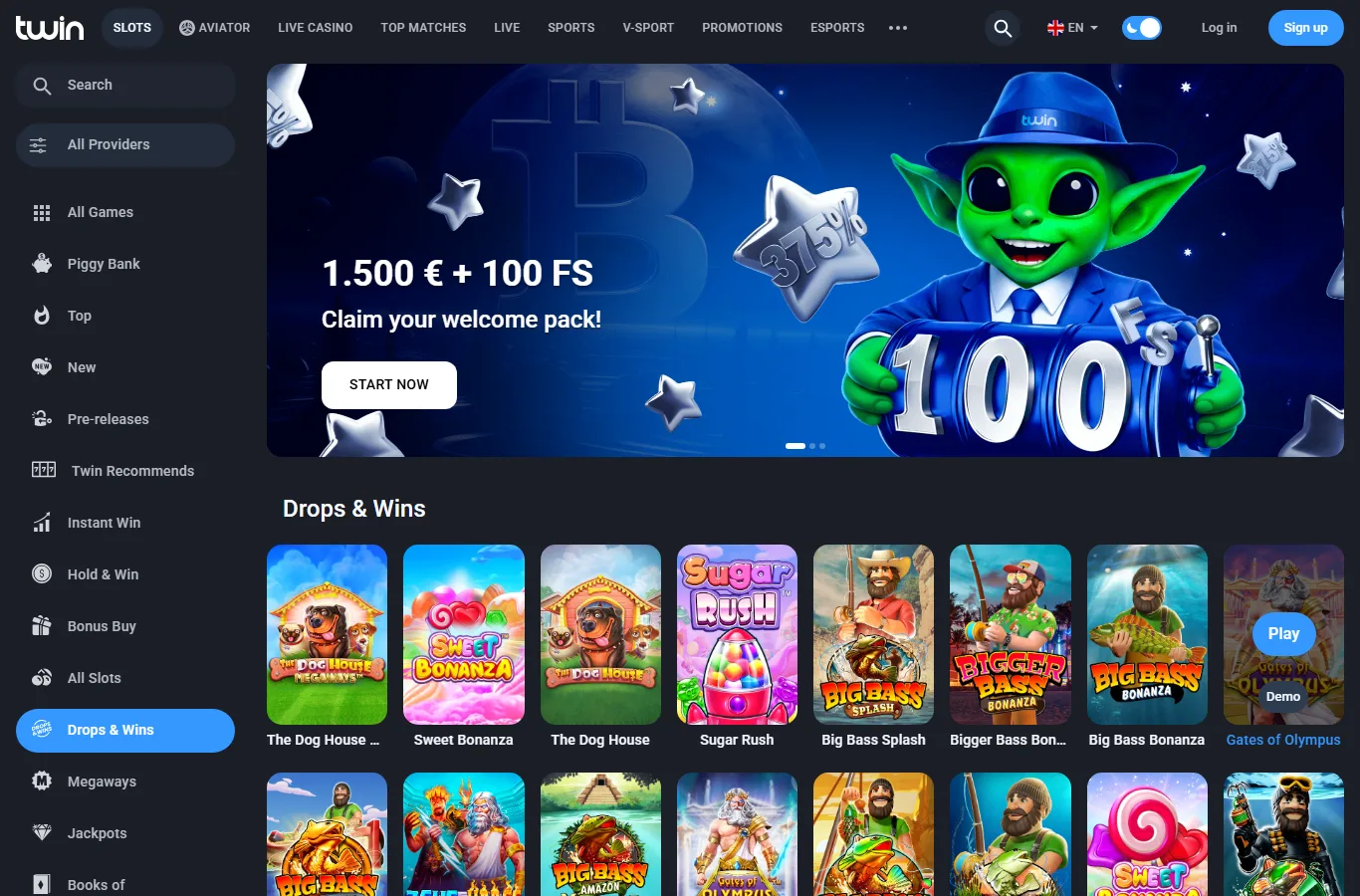Twin Casino Drops and Wins category in the slot lobby