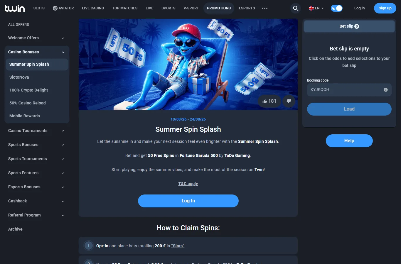 Free spins offer page at Twin Casino