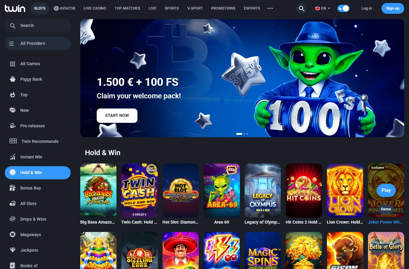 Twin Casino slots lobby with the Hold and Win category open