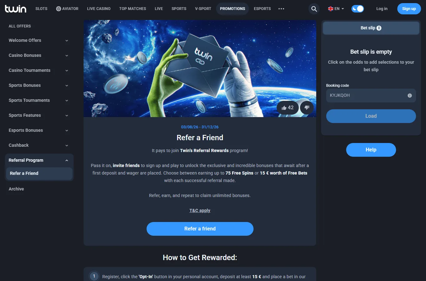 Twin Casino referral program screen
