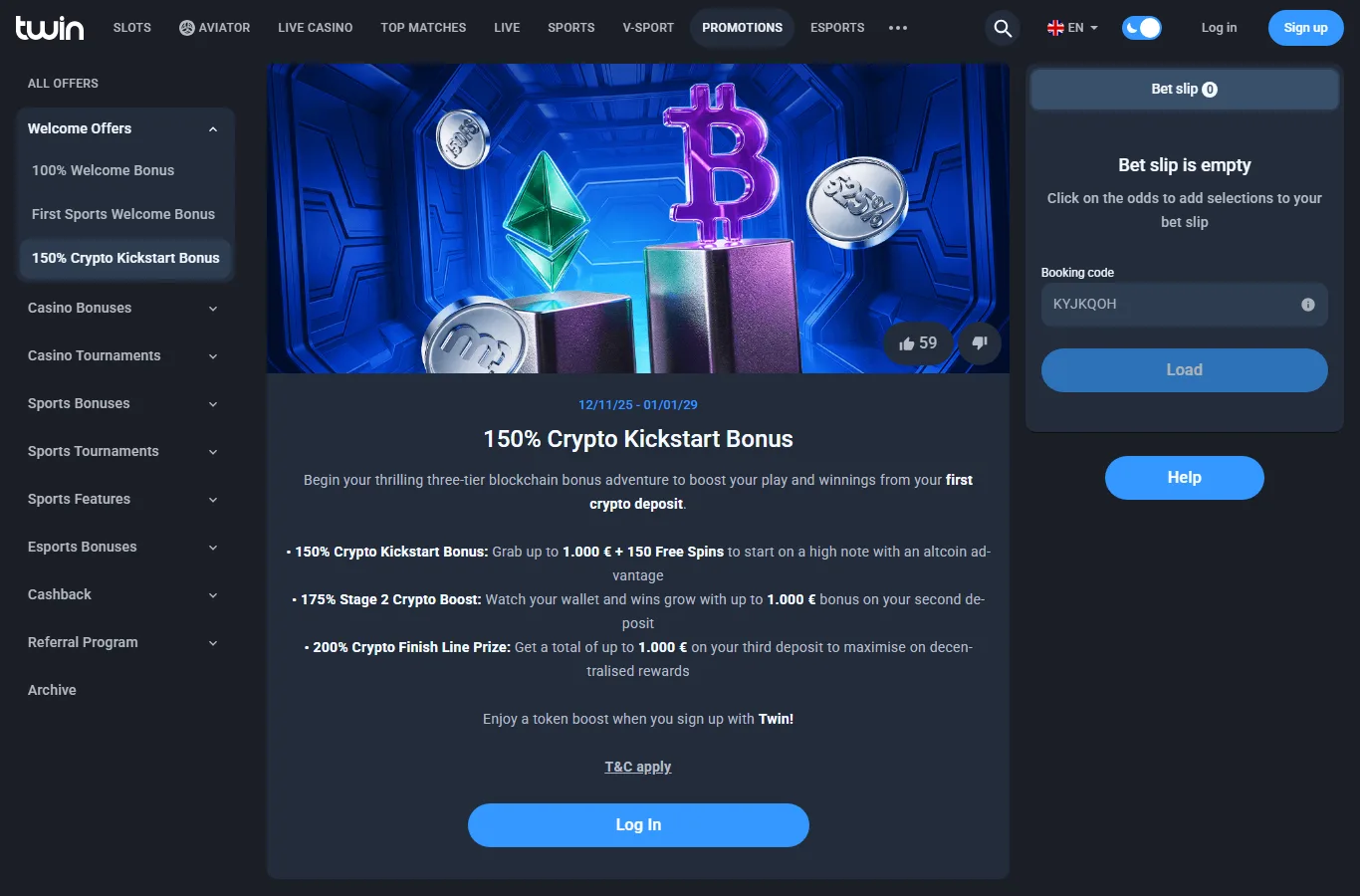 Twin Casino welcome bonus promotion screen