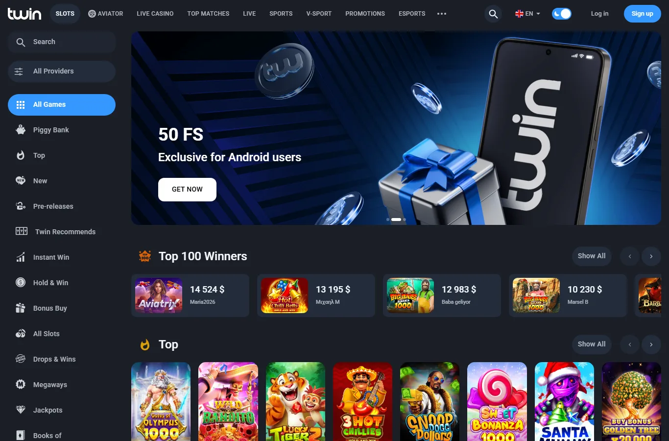 Twin Casino home page interface