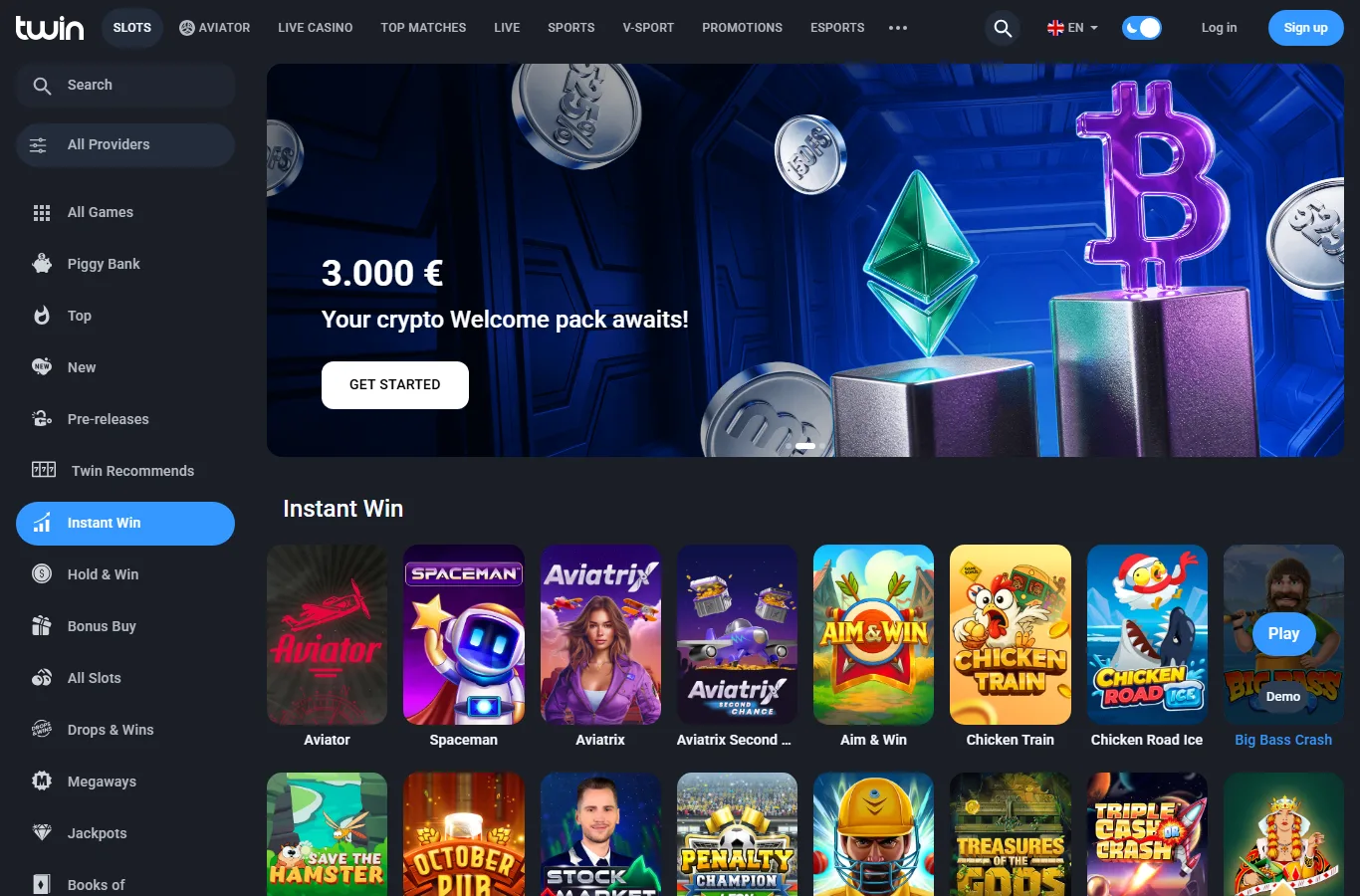Instant win section inside the Twin Casino lobby