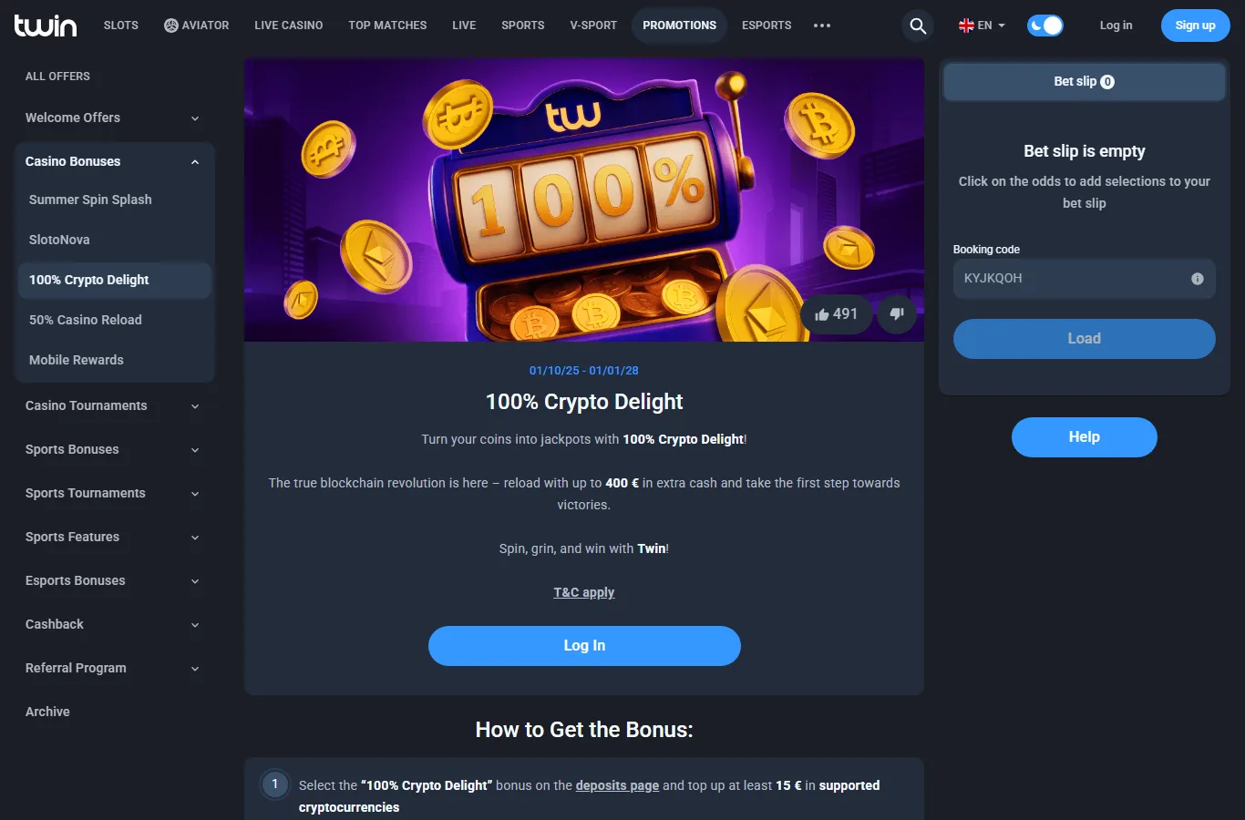 Twin Casino crypto bonus page with the deposit steps listed below it