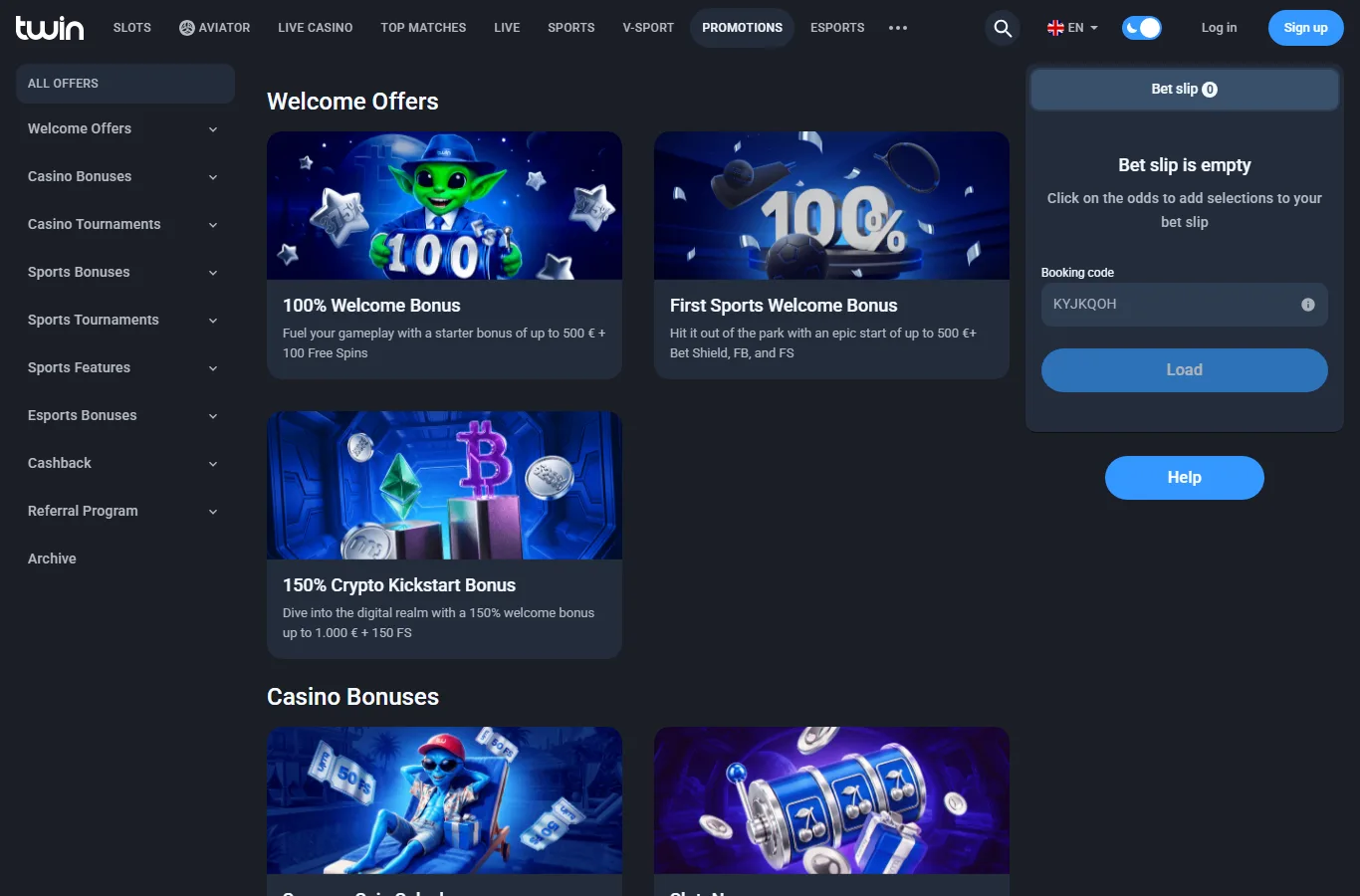 Twin Casino promotions hub interface