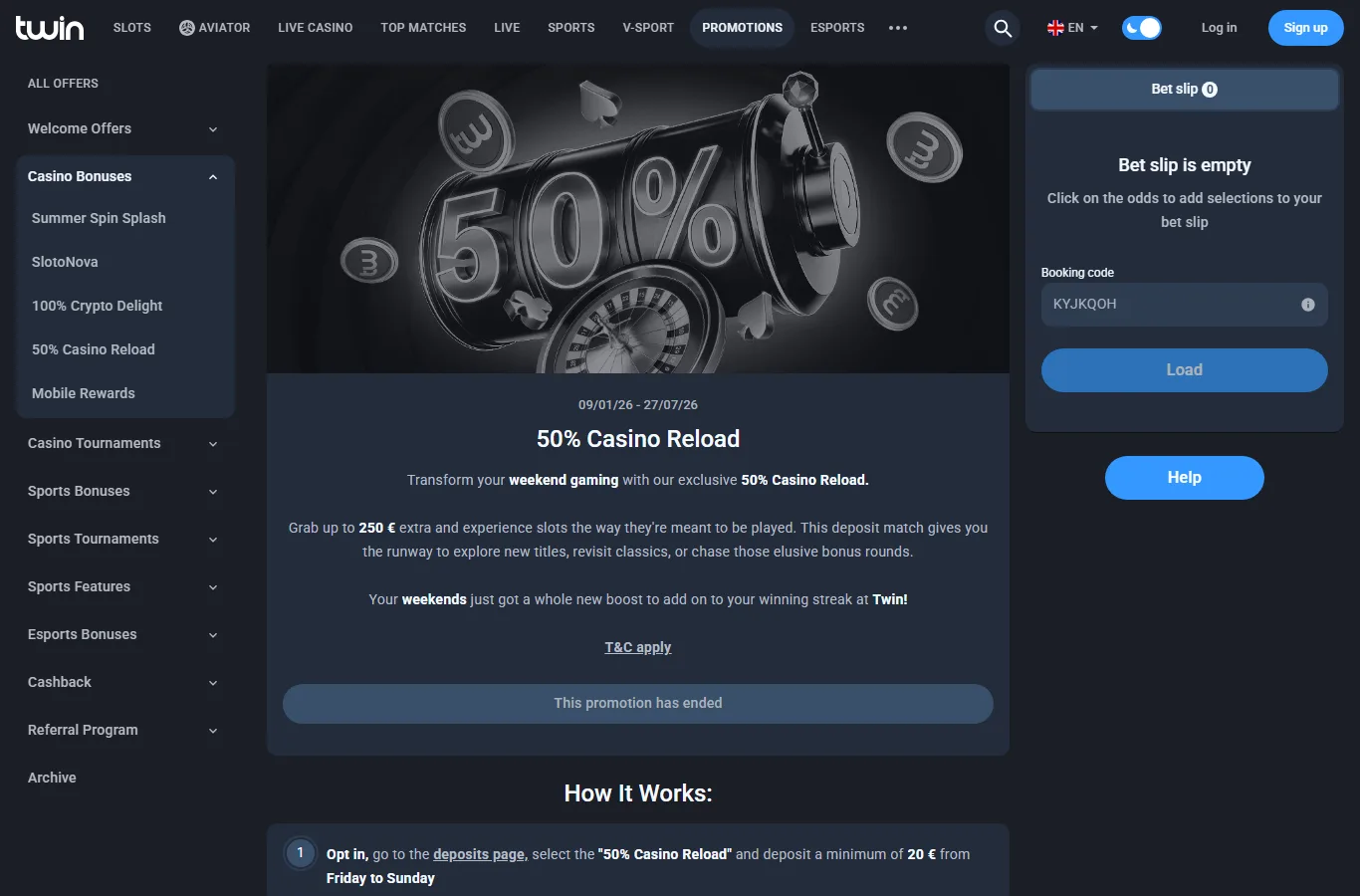 Twin Casino bonus terms screen