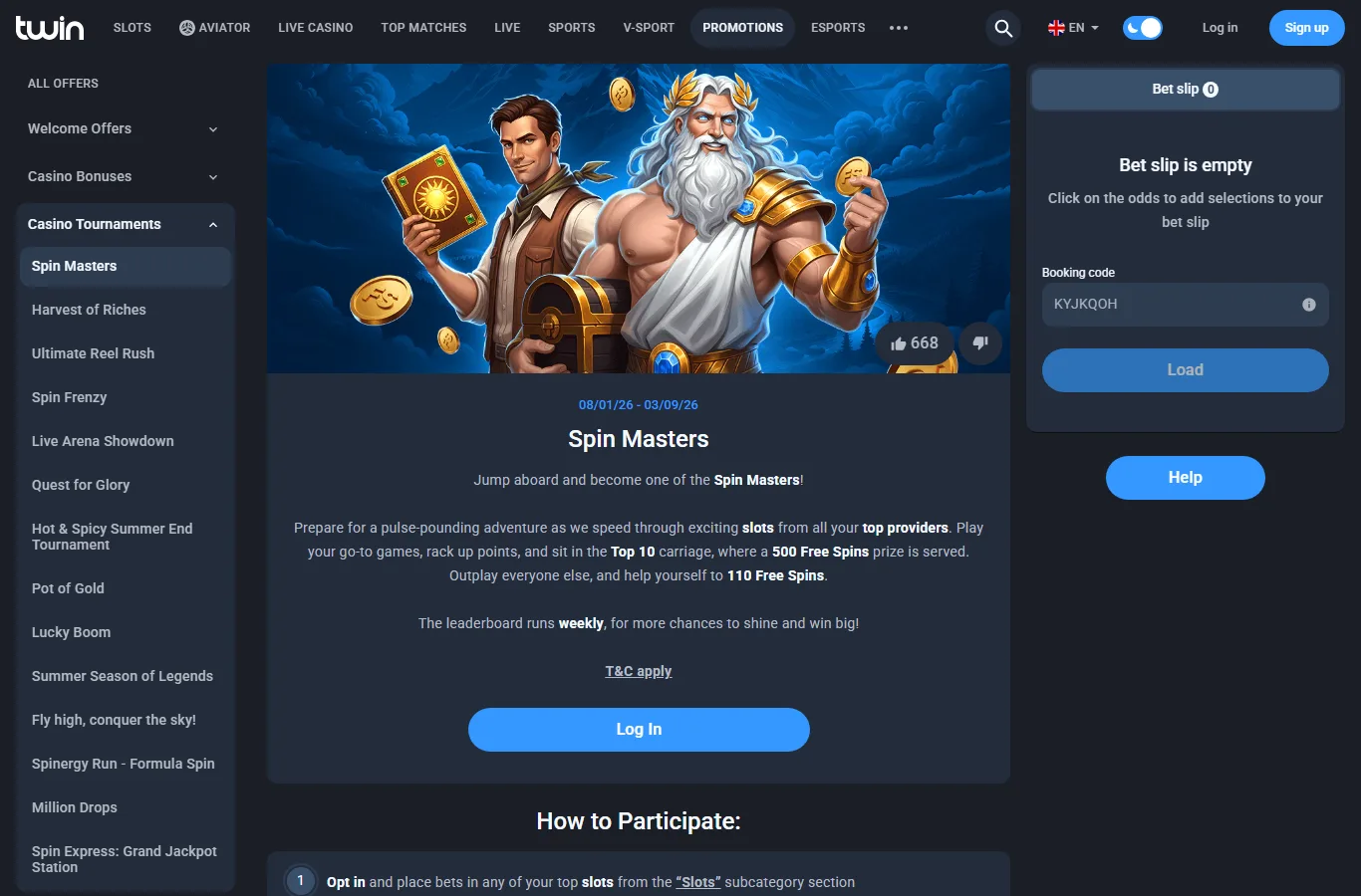 Twin Casino deposit screen with bonus code field