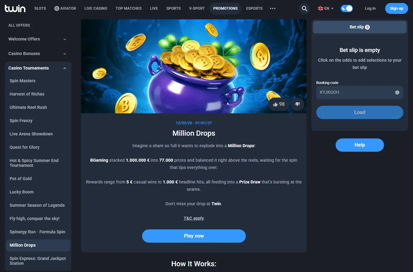 Twin Casino bonus redemption screen