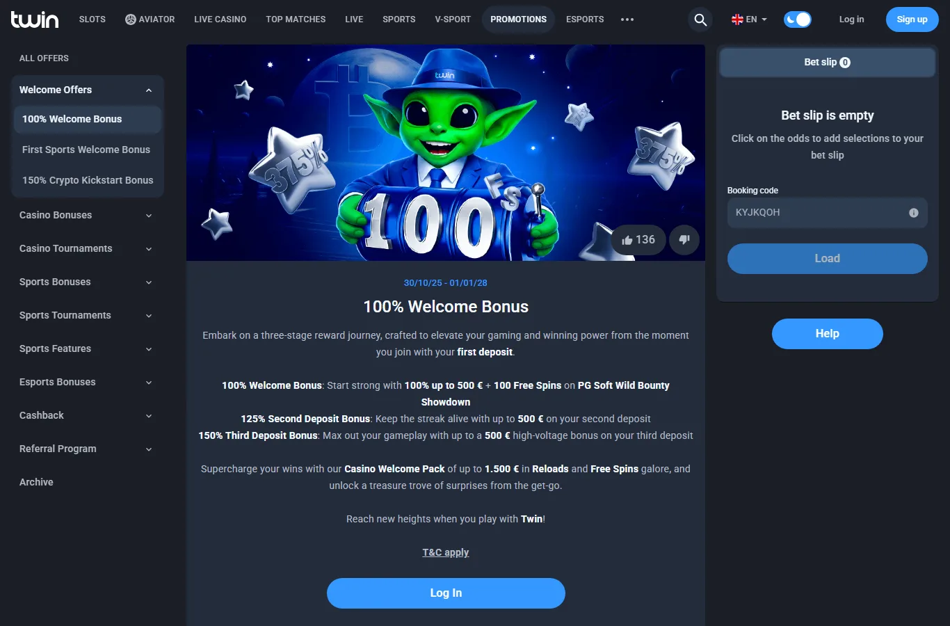 Twin sports and esports bonus screen