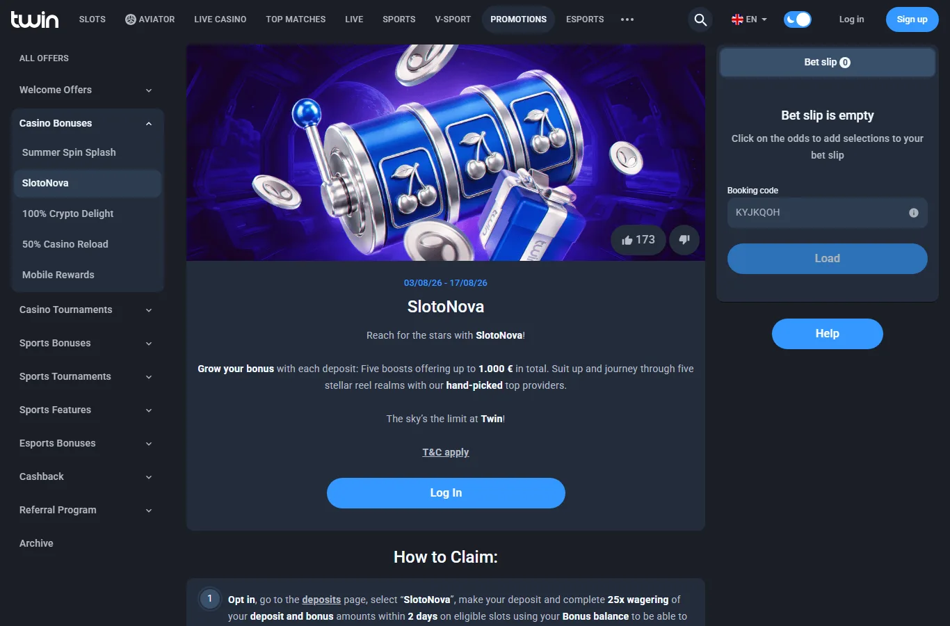 Slots lobby at Twin Casino with the game categories open
