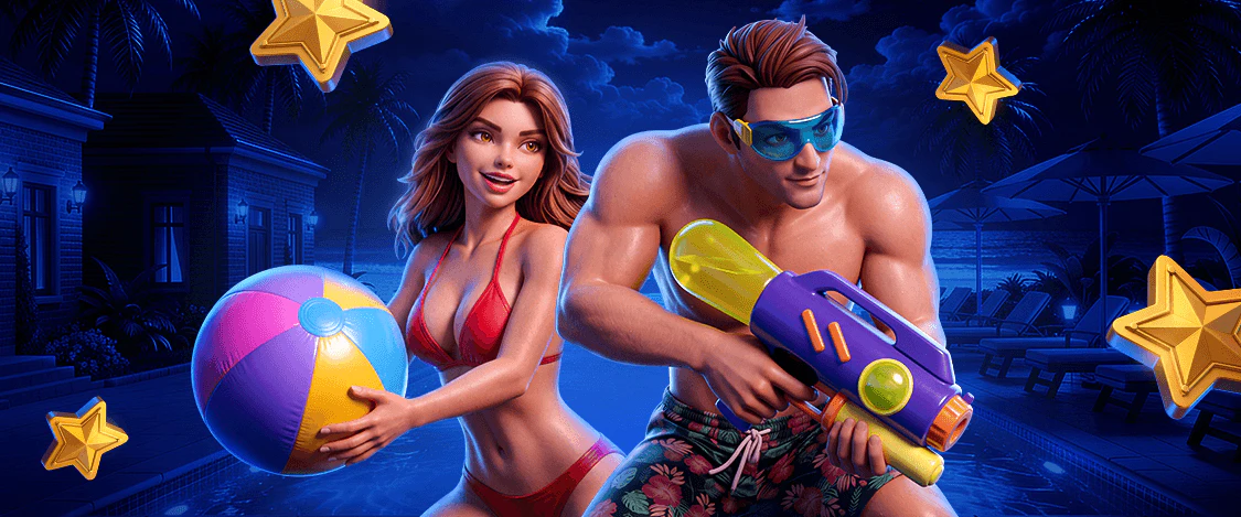 Twin summer pool party promotional banner